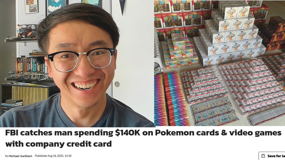 Kennyboulder (@kennyboulder) on Twitter photo Some dude got arrested for spending $140,000 on Pokemon Cards with a company credit card over the course of a year. 3 months of prison time.
Video:
youtu.be/sdipdP5kAQg
<a href="/POKESTREETZ/">PokéStreetz</a> <a href="/_pikanomics/">Pikanomics</a> <a href="/pok_re92689/">PokéMama</a> <a href="/ScalpersDaWild/">ScalpersHallofFame</a> <a href="/MarcApruzzese/">FRoZeNShAdY</a> <a href="/CardGameNomad/">AJ</a> <a href="/PokemonTCGDrops/">Pokemon Drops</a> Some dude got arrested for spending $140,000 on Pokemon Cards with a company credit card over the course of a year. 3 months of prison time.
Video:
youtu.be/sdipdP5kAQg
<a href="/POKESTREETZ/">PokéStreetz</a> <a href="/_pikanomics/">Pikanomics</a> <a href="/pok_re92689/">PokéMama</a> <a href="/ScalpersDaWild/">ScalpersHallofFame</a> <a href="/MarcApruzzese/">FRoZeNShAdY</a> <a href="/CardGameNomad/">AJ</a> <a href="/PokemonTCGDrops/">Pokemon Drops</a>