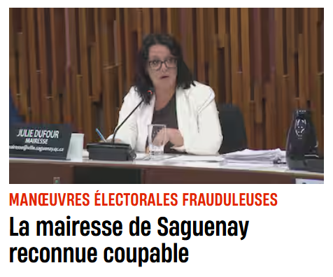 Pat77432407's tweet photo. SCANDALE À SAGUENAY : LA MAIRESSE JULIE DUFOUR RECONNU COUPABLE DE FRAUDE ÉLECTORALE

Pendant que nos élus nécessitent un accompagnement psychologique en raison des méchants électeurs, la croisière s'amuse, les pauvres petits.

La mairesse de Saguenay, Julie Dufour, a été reconnue coupable d'une accusation de manœuvres électorales frauduleuses par le juge Louis Duguay lors de son procès au palais de justice de Chicoutimi. 

Elle est accusée d'avoir offert un avantage à Serge Simard pour qu'il ne se présente pas contre elle à la mairie en 2021, bien que les accusations concernant Jacinthe Vaillancourt et Jean-Marc Crevier aient été rejetées. 

Le Directeur général des élections du Québec (DGEQ) avait émis trois constats d'infraction en octobre 2024, reprochant à Dufour d'avoir tenté de dissuader ces adversaires avec des promesses de bénéfices ou de postes. 

Dufour a contesté ces allégations, les qualifiant de "vengeance politique", ce qui a conduit au procès. 

En cas de condamnation, elle risque une interdiction de siéger et de voter pendant cinq ans, ainsi qu'une amende de 5 000 à 20 000 dollars. 

Son avocat a demandé un report du prononcé de la peine, attendu prochainement.
 
https://t.co/L95J5FMYE5