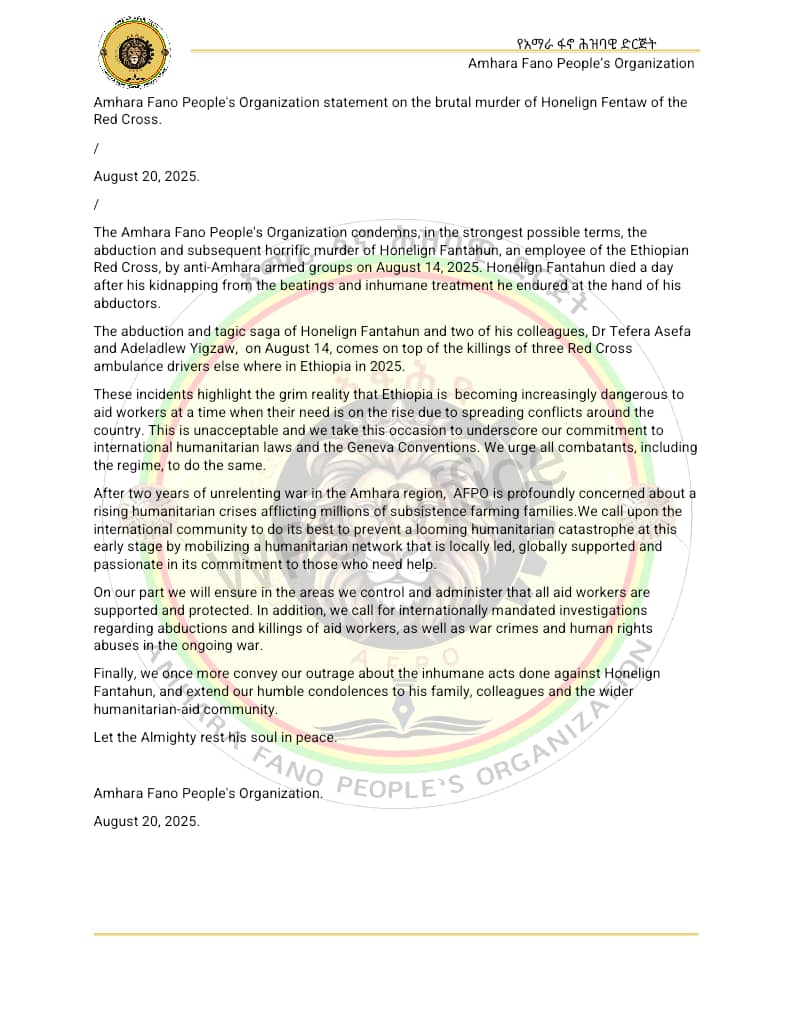 AFPO strongly condemns the abduction &amp; brutal murder of Red Cross worker Mr. Honelign Fantahun by anti-Amhara armed groups. We call for protection of aid workers, urgent humanitarian response, &amp; international investigation into crimes against civilians in Ethiopia. 
Our heartfelt
