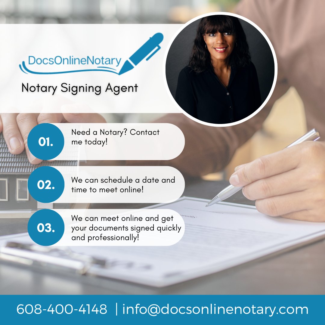 DocsONLNotary's tweet image. Docs notarized fast and right from your phone or laptop! Call (608) 400-4148.
#OnlineFriendlyNotary #RemoteSignings #DocsOnlineNotary