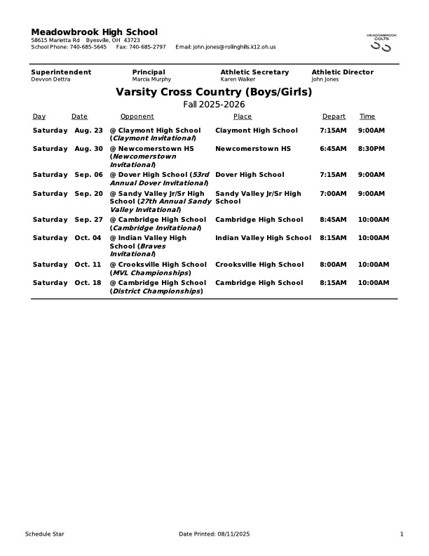 MMS Fall Sports Schedules

Schedules are also available at meadowbrookathletics.com

***Coaches &amp; parents- please send any stats, results, or pictures to dale.valentine@rollinghills.k12.oh.us so we can post updates for all of our 6th, 7th, and 8th grade athletes!***

#GoColts