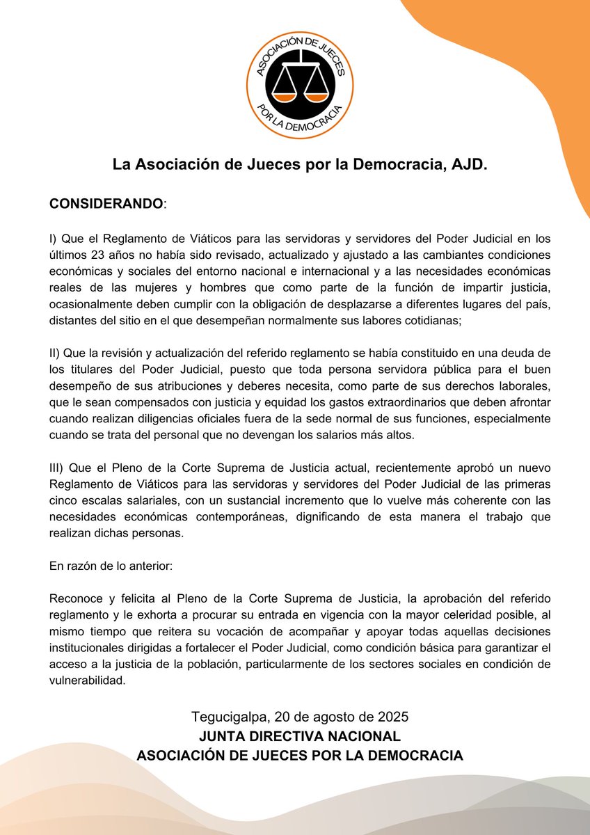 Comunicado sobre el aumento de viáticos en el Poder Judicial de Honduras

La Asociación de Jueces por la Democracia, AJD:
Reconoce y felicita al Pleno de la Corte Suprema de Justicia, la aprobación del referido reglamento y le exhorta a procurar su entrada en vigencia. Leer más