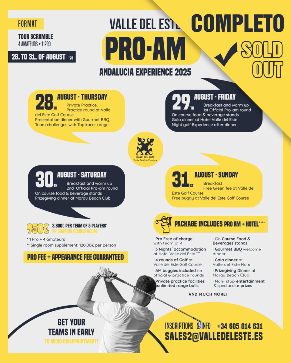 🔺¡PRO AM COMPLETO!🔺
Muchísimas gracias por la gran acogida de la III edición de nuestra Pro Am Andalucía Experience. Vamos a pasar 3 días llenos de golf, diversión y buena gastronomía 🥰