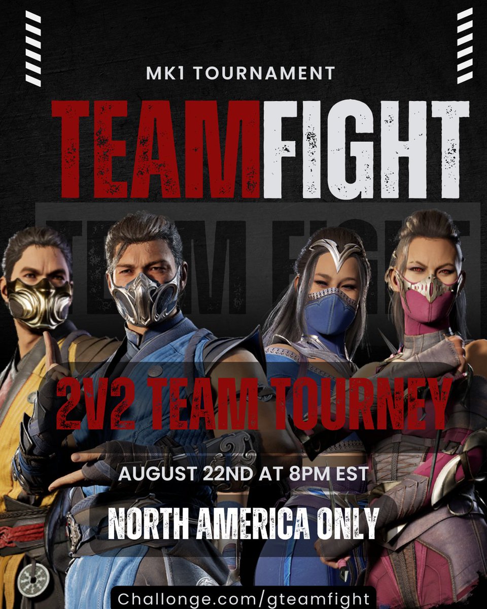 I am hosting my first NA 2v2 team fight on Friday night. 
Sign ups open now! 
⚔️ Single Elim | 2 Lives per player
🔗 challonge.com/Gteamfight
Any questions, DM me.
