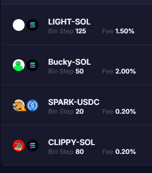 LIGHT-SOL, Bucky-SOL, SPARK-USDC, CLIPPY-SOL 등을 포함한 유동성 풀 목록을 보여주는 이미지