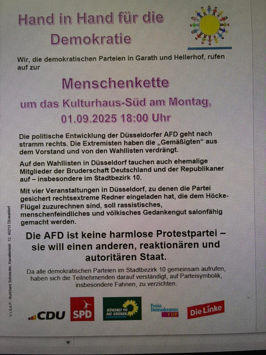 Selbsternannte "demokratische" Parteien vor Ort möchten offenbar interessierte Bürger daran hindern, sich am 01.09.2025 ein eigenes Bild von der freiheitlich-konservativen Volkspartei AfD zu machen. Das motiviert unsere Wähler, nicht nur in unserer Hochburg Garath, umso mehr.🇩🇪💙
