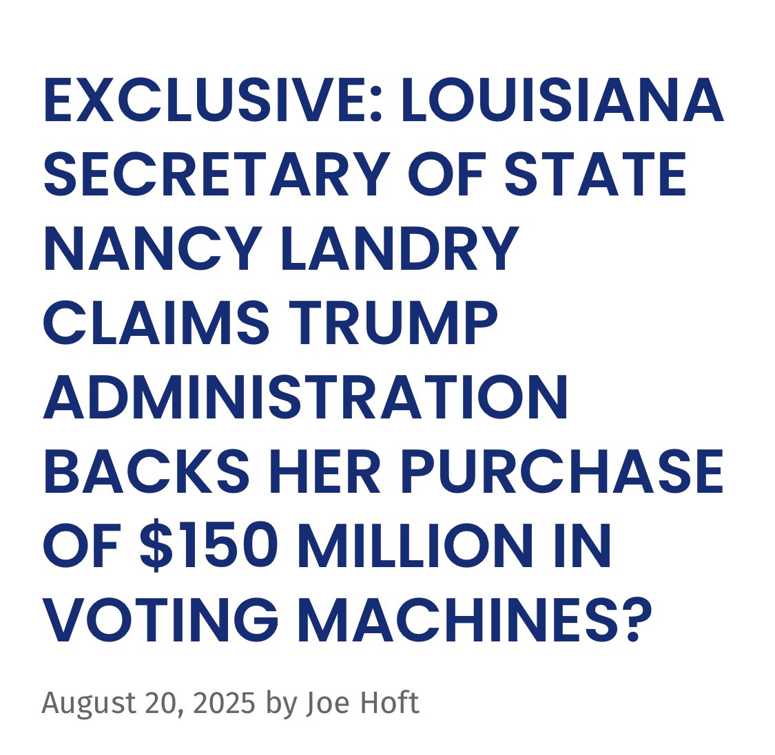 COL Conrad Reynolds (@colonelreynolds) on Twitter photo I don’t think so, <a href="/NancyLandry/">Nancy Landry</a>. The President just said we have to get rid of all of the voting machines! I don’t think anyone signed off on $150,000,000 for new touchscreens. We need to make elections secure again and this isn’t the way to do it. I don’t think so, <a href="/NancyLandry/">Nancy Landry</a>. The President just said we have to get rid of all of the voting machines! I don’t think anyone signed off on $150,000,000 for new touchscreens. We need to make elections secure again and this isn’t the way to do it.