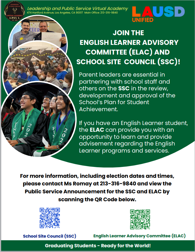 SLPSVA's tweet photo. JOIN THE ENGLISH LEARNER ADVISORY COMMITTEE (ELAC) AND SCHOOL SITE COUNCIL (SSC)! https://t.co/V3Qe3Vjred