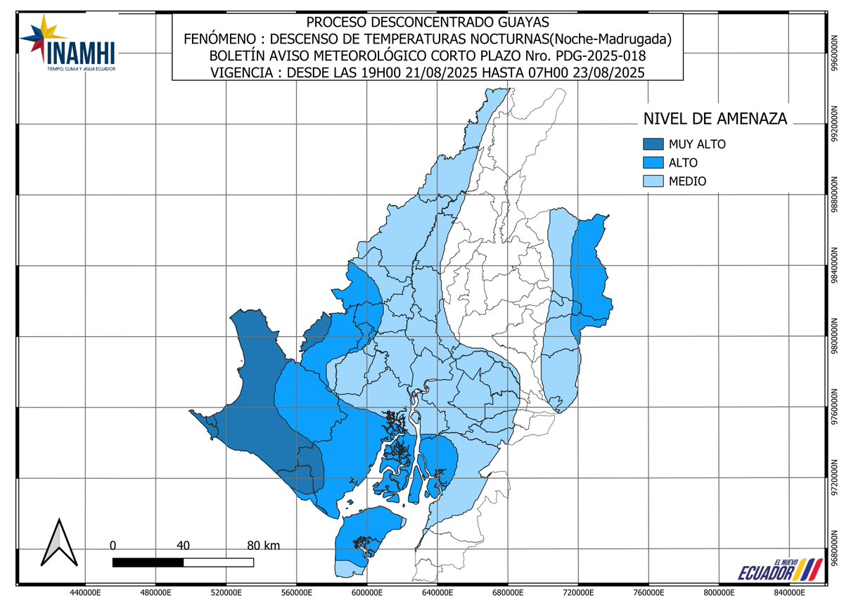 INAMHI Ecuador 🇪🇨 (@inamhi_ec) on Twitter photo Descenso de temperaturas mínimas (Noche-Madrugada), con valores cercanos a 19 °C en zonas costeras y 20 °C al interior del Litoral. Se mantiene vigente alerta meteorológica Nr.18 Del 21 a 23 de agosto, por lo que se recomienda seguir las actualizaciones oficiales <a href="/inamhi_ec/">INAMHI Ecuador 🇪🇨</a> Descenso de temperaturas mínimas (Noche-Madrugada), con valores cercanos a 19 °C en zonas costeras y 20 °C al interior del Litoral. Se mantiene vigente alerta meteorológica Nr.18 Del 21 a 23 de agosto, por lo que se recomienda seguir las actualizaciones oficiales <a href="/inamhi_ec/">INAMHI Ecuador 🇪🇨</a>