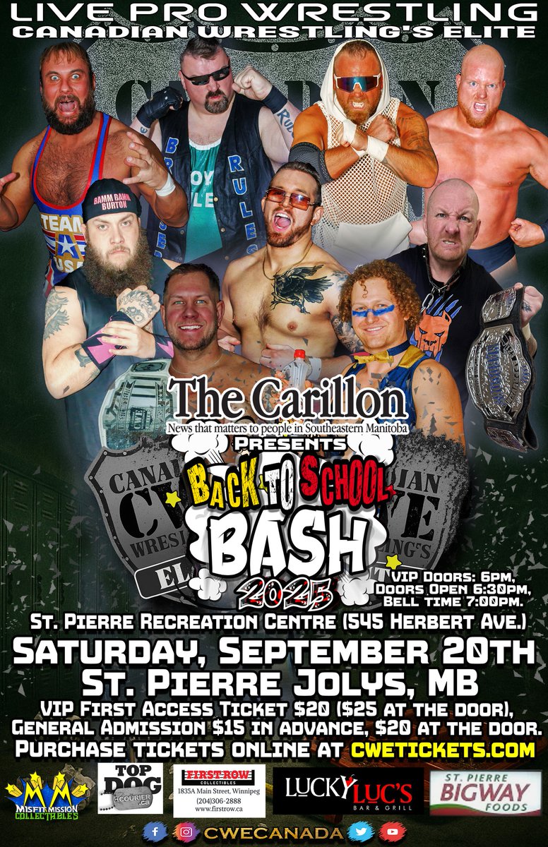 Sept 20 <a href="/CWECanada/">Canadian Wrestling's Elite</a> St Pierre Jolys, Manitoba

Ft <a href="/HotshotDannyD/">Hotshot Danny Duggan</a> <a href="/AdrienBB_Burton/">Adrien Burton</a> <a href="/KevinODoyle1/">Kevin O’Doyle</a> <a href="/ronnieattitude/">Ronnie Attitude</a> <a href="/AC_DRAGNEEL/">AC Dragneel</a> <a href="/TGCTS/">TheGreatCdnTalkShow</a> &amp; more!