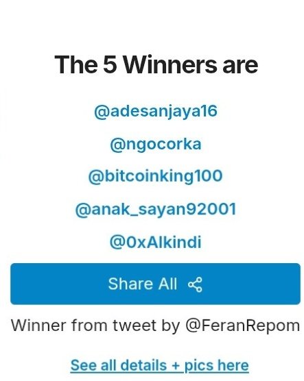 feran Repom | FFID 🇮🇩 (@feranrepom) on Twitter photo Congrats for all winner
Please DM your USDC Erc20!
And RT this each 5.5$
<a href="/adesanjaya16/">adesanjaya (Ø,G) HUDL</a>
<a href="/ngocorka/">nia gocorka</a>
<a href="/bitcoinking100/">KIM 😎</a>
<a href="/anak_sayan92001/">Tante Titaa</a>
<a href="/0xAlkindi/">0xAlkindi</a> Congrats for all winner
Please DM your USDC Erc20!
And RT this each 5.5$
<a href="/adesanjaya16/">adesanjaya (Ø,G) HUDL</a>
<a href="/ngocorka/">nia gocorka</a>
<a href="/bitcoinking100/">KIM 😎</a>
<a href="/anak_sayan92001/">Tante Titaa</a>
<a href="/0xAlkindi/">0xAlkindi</a>