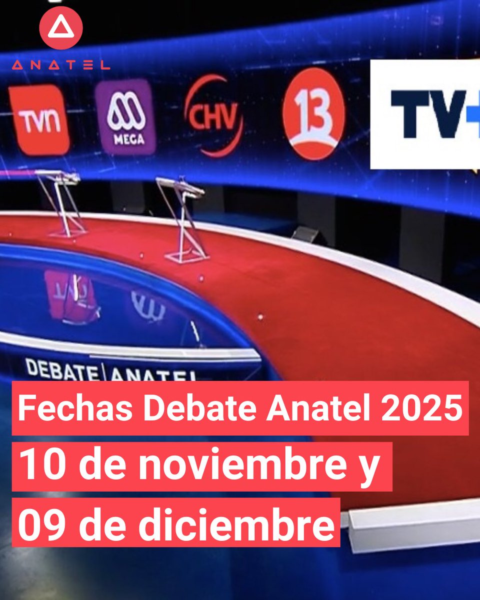 📺🇨🇱 Tenemos fechas para los Debates Anatel 2025:
🗓️ 1ra vuelta → 10 de noviembre
🗓️ 2da vuelta → 9 de diciembre

En horario estelar, transmitidos por todos los canales asociados y plataformas digitales desde TVN!
Más información en: anatel.cl/debates-anatel…