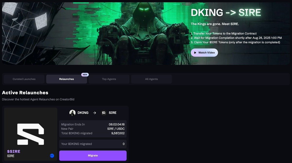 Creator.Bid π΅οΈποΈ (@creatorbid) on Twitter photo RELAUNCH WITH BID π
<a href="/sire_agent/">DKING β SIRE</a> has been a top performer in our ecosystem and reached $1 per token (~a 30% increase) since the relaunch with BID announcement. Game theory at full swing.
π If you havenβt migrated your DKING yet, MIGRATE NOW:
creator.bid/agents/relaunch
WHY A RELAUNCH WITH BID π
<a href="/sire_agent/">DKING β SIRE</a> has been a top performer in our ecosystem and reached $1 per token (~a 30% increase) since the relaunch with BID announcement. Game theory at full swing.
π If you havenβt migrated your DKING yet, MIGRATE NOW:
creator.bid/agents/relaunch
WHY A