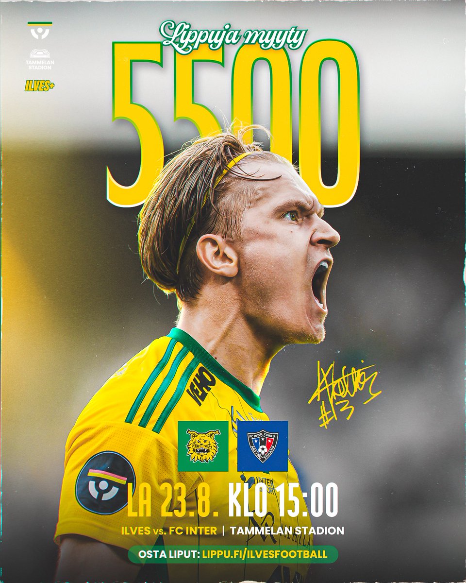 Yli 5500 lippua myyty lauantain kärkimatsiin! 🔥

⚽️ La 23.8. klo 15:00 Ilves—FC Inter
🎟️ Liput: lippu.fi/ilvesfootball

#Ilves #Veikkausliiga