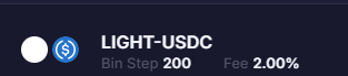 bin step 200, 수수료 2.00%인 LIGHT-USDC 풀을 확대해서 보여주는 이미지