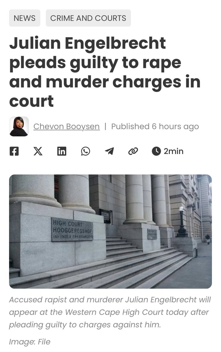 Farm Murder Suspect Pleads Guilty to Rape and Murder of Kathleen Du Plooy 

Julian Jansen Engelbrecht, 29, pleaded guilty to rape, murder, housebreaking, and aggravated robbery in the Western Cape High Court for the brutal 2020 attack on 62-year-old Kathleen du Plooy at her