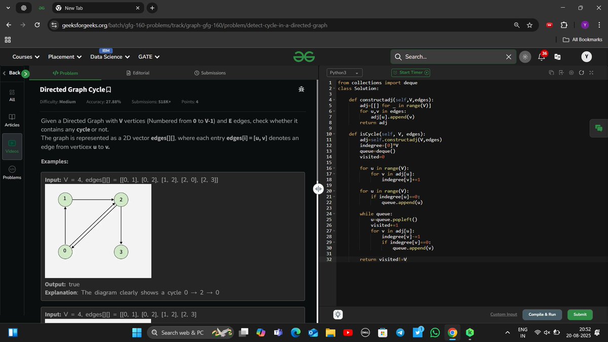 YashRajSingh098's tweet photo. Day 144 of 160
#160DaysofDSA
Topic - Graph
Problem Name - Directed graph cycle
Difficulty - Medium
Time Complexity - O(v+e)
Space Complexity - O(v)
@geeksforgeeks
#gfg160 #geekstreak2025 https://t.co/H2lYZbRQaK