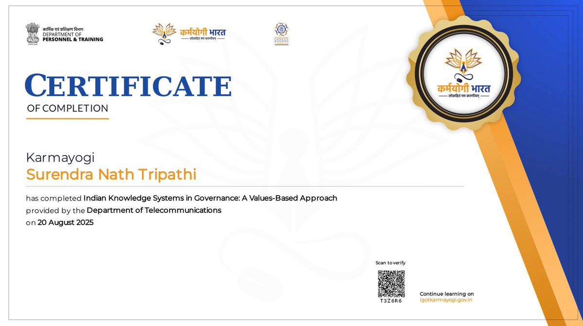Glad to complete an excellent course on “Indian Knowledge Systems in Governance;A value-based Approach <a href="/DoPTGoI/">DoPT</a> <a href="/iGOTKarmayogi/">Karmayogi Bharat</a> #capacitybuildingcommission
