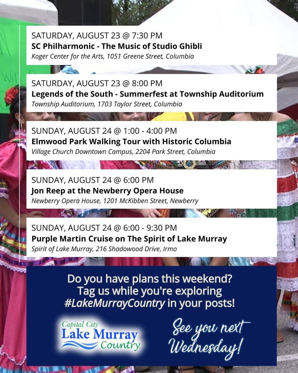 Capital City/Lake Murray Country (@lakemurrayctry) on Twitter photo Swipe to #planyourweekend! Visit buff.ly/bkLE3Yr to view all the events happening in the region and learn more!
🌊 Check us out on Soda City Living every other week!
📸 <a href="/mainstlatinfest/">Main St Latin Fest</a> | Columbia, SC
#TopSouthernDestination #LakeMurrayCountry #PlanYourWeekend Swipe to #planyourweekend! Visit buff.ly/bkLE3Yr to view all the events happening in the region and learn more!
🌊 Check us out on Soda City Living every other week!
📸 <a href="/mainstlatinfest/">Main St Latin Fest</a> | Columbia, SC
#TopSouthernDestination #LakeMurrayCountry #PlanYourWeekend