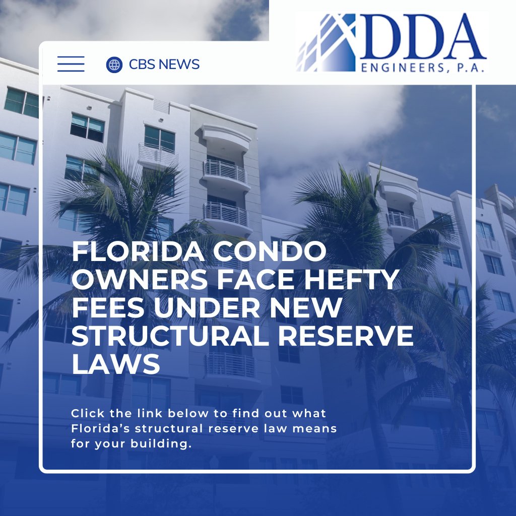 DDAEngineers's tweet image. When warning signs go ignored, repairs get costly. In Florida, new reserve-requirement laws show condo boards face big bills for delayed inspections—some nearing six figures.
Read more in this CBS report. zurl.co/S2Imw #DDAEngineers #InspectionServices #Miami