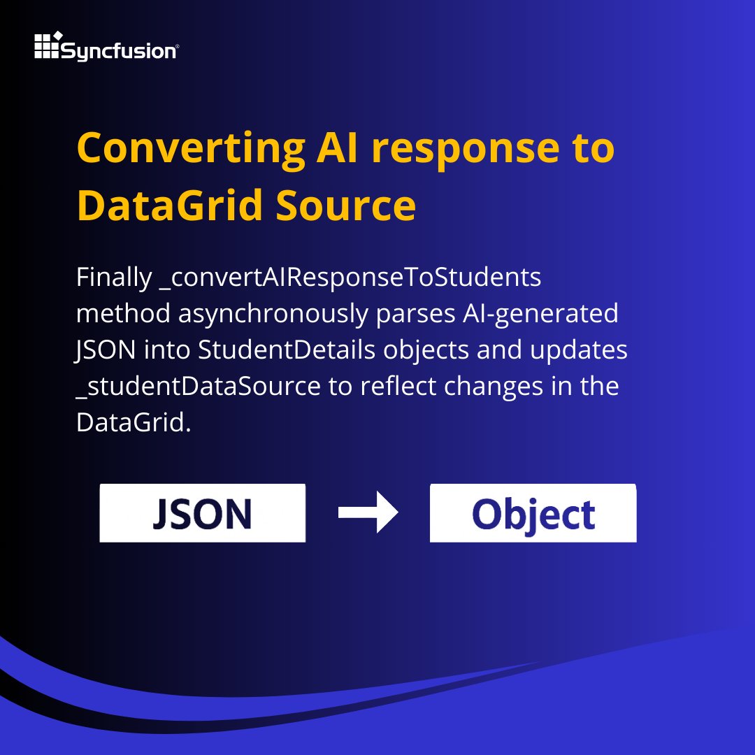 Syncfusion's tweet image. Convert AI Response to DataGrid Source
Use _convertAIResponseToStudents() method to parse AI-generated JSON into StudentDetails object and update the DataGrid datasource.
#AsyncProgramming #DataGrid
(5/7)