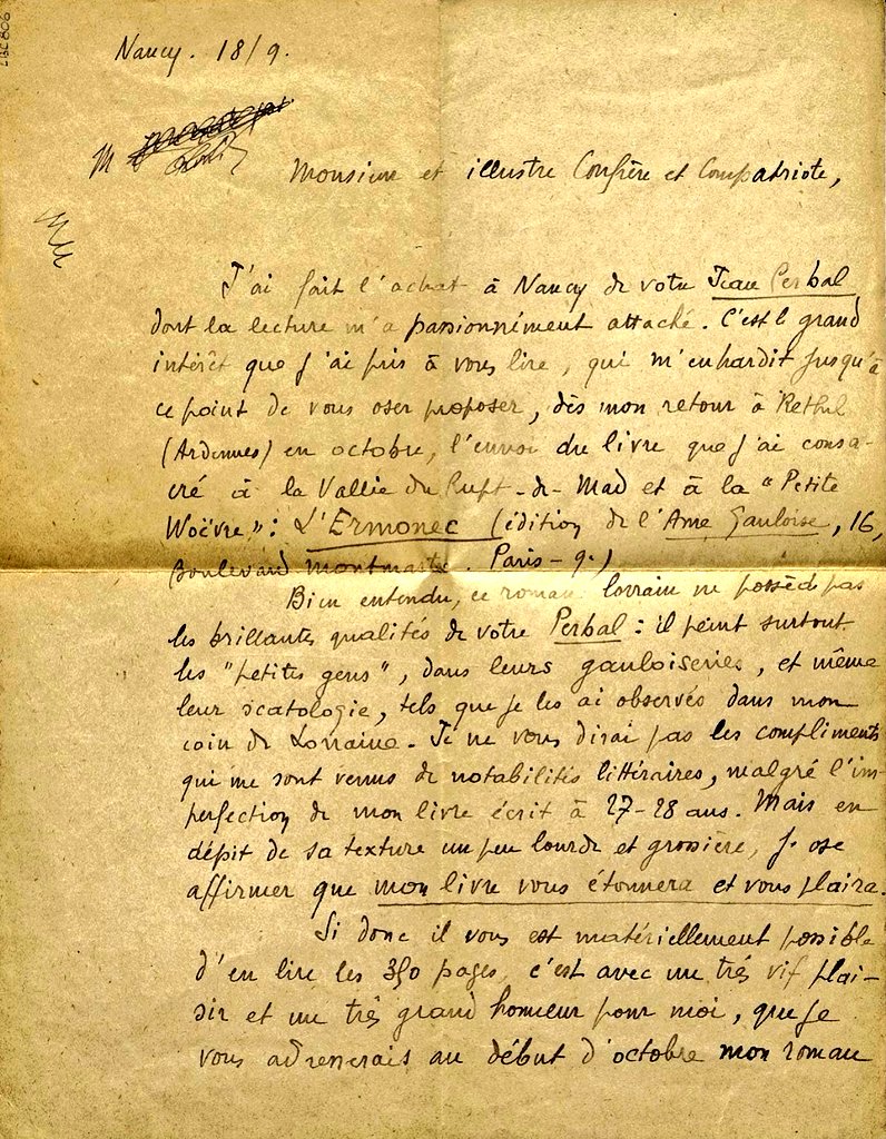 Jeedhr's tweet image. Déjà ? Oui. 

J&apos;ai trouvé une lettre manuscrite de Gabriel Gobron à Louis Bertrand. 

Il fait référence à son ouvrage Louis Perbal qui aurait des tonalités similaires (toutes proportions gardées) avec son propre roman &quot;L&apos;Ermonec&quot;.