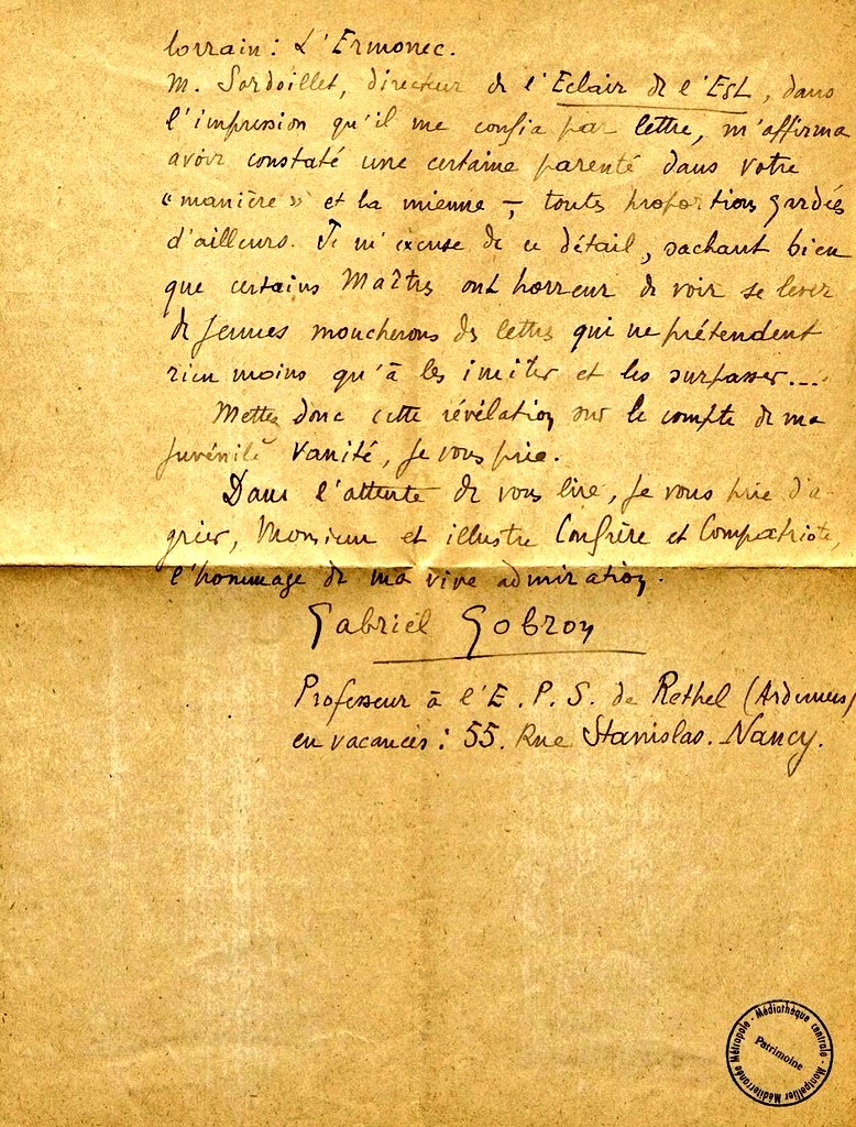 Jeedhr's tweet image. Déjà ? Oui. 

J&apos;ai trouvé une lettre manuscrite de Gabriel Gobron à Louis Bertrand. 

Il fait référence à son ouvrage Louis Perbal qui aurait des tonalités similaires (toutes proportions gardées) avec son propre roman &quot;L&apos;Ermonec&quot;.