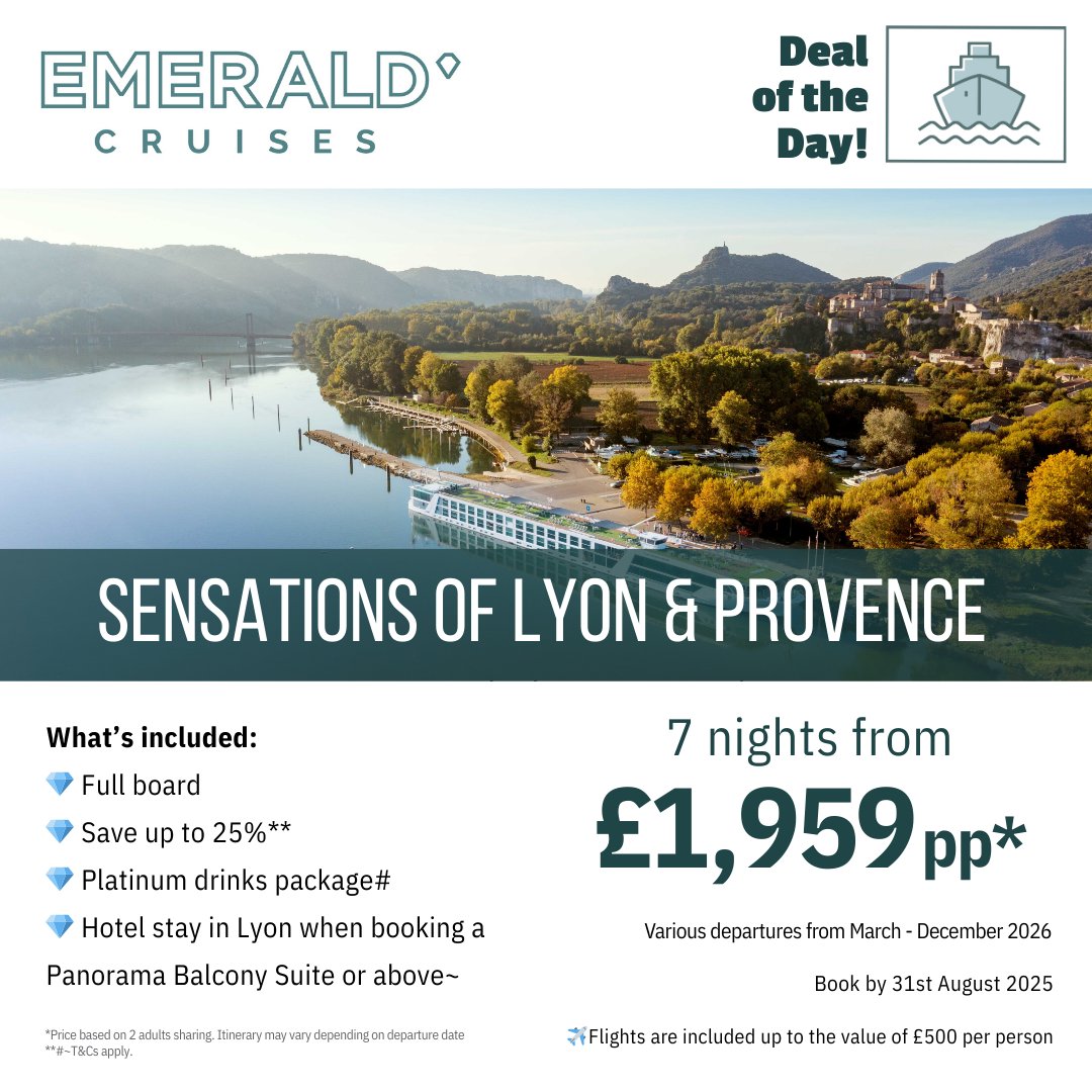 🇫🇷 Discover France with Emerald Cruises
8 Days from £1,959pp
✨ Save up to 25%
✨ Platinum Drinks
✨ Flights (up to £500pp)
✨ Full board + excursions
📍Lyon to Marseille | Book by 31 Aug
📞 01978 853886
#FranceCruise #EmeraldCruises #LuxuryTravel