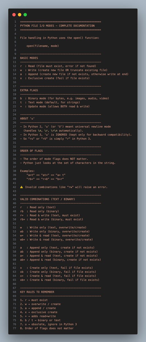 Dharmil_13's tweet image. 📚 Python beginners, this one's for you!
File handling confused me when I started coding. "Why does my file disappear when I use 'w'?" 🤔
This guide breaks it down in simple terms.
GitHub:- github.com/er-dharmil-pan…
#PythonForBeginners #FileHandling