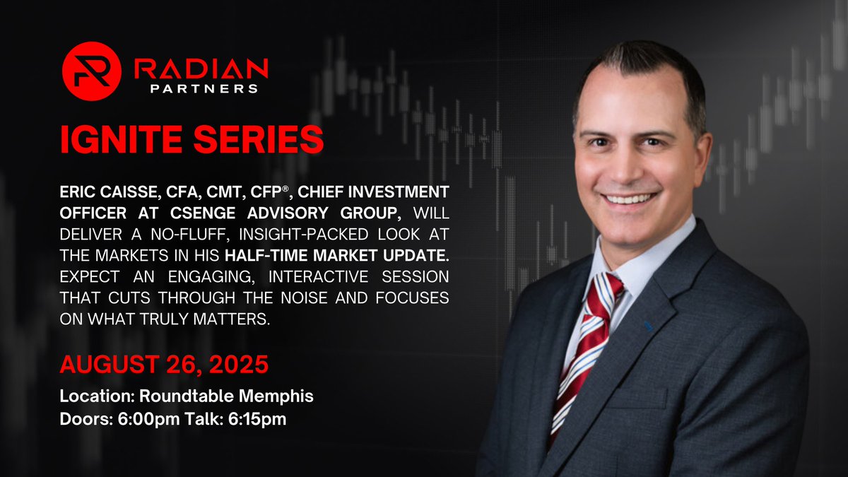Radian_Partners's tweet photo. Eric Caisse, CFA, CMT, CFP®, Chief Investment Officer at Csenge Advisory Group, doesn’t just talk markets—he delivers insights that cut through the noise. With decades of experience, Eric leads Csenge’s Fusion Analysis, blending technical signals, macro fundamentals, and behavioral psychology to craft winning investment strategies.

Join his Half-Time Market Update to discover:
- A clear take on the U.S. economy
- How to decode today’s conflicting headlines
- The mechanics behind smart investment strategies
- Actionable ideas for your financial plan
- Plus, Eric’s signature Q&A, so bring your toughest questions!

August 26, 2025 | 6:00 PM
Roundtable Memphis
RSVP: https://t.co/WBTH3tosb1

#Investing #Finance #MarketUpdate