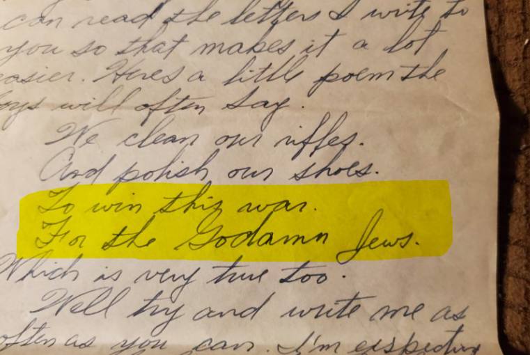 sLOVEnia (@occultni) on Twitter photo An American soldier's letter from 1945, a week before he was killed in action:
"We clean our rifles, 
and polish our shoes.
To win this war, 
for the Goddamn Jews." An American soldier's letter from 1945, a week before he was killed in action:
"We clean our rifles, 
and polish our shoes.
To win this war, 
for the Goddamn Jews."