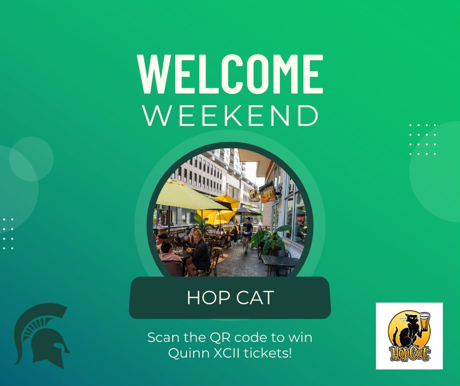 VanAndelArena's tweet image. Welcome Back Spartans! 💚 Celebrate #WelcomeWeekend by entering to win tickets to @QuinnXCII Sept. 20 show at #VanAndelArena 👇 

✅ Scan the QR code at Crunchy&apos;s
✅ Scan the QR code at HopCat (East Lansing, MI)
✅ Scan the QR code at FieldHouse