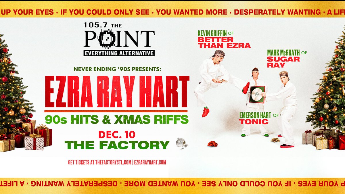 1057thePoint's tweet image. What do you get when you add an ounce of Tonic, a pinch of Sugar Ray, and top it off with some Better than Ezra? 𝗘𝗭𝗥𝗔 𝗥𝗔𝗬 𝗛𝗔𝗥𝗧! Playing a Point Ho Ho Show at @thefactory_stl on December 10th!