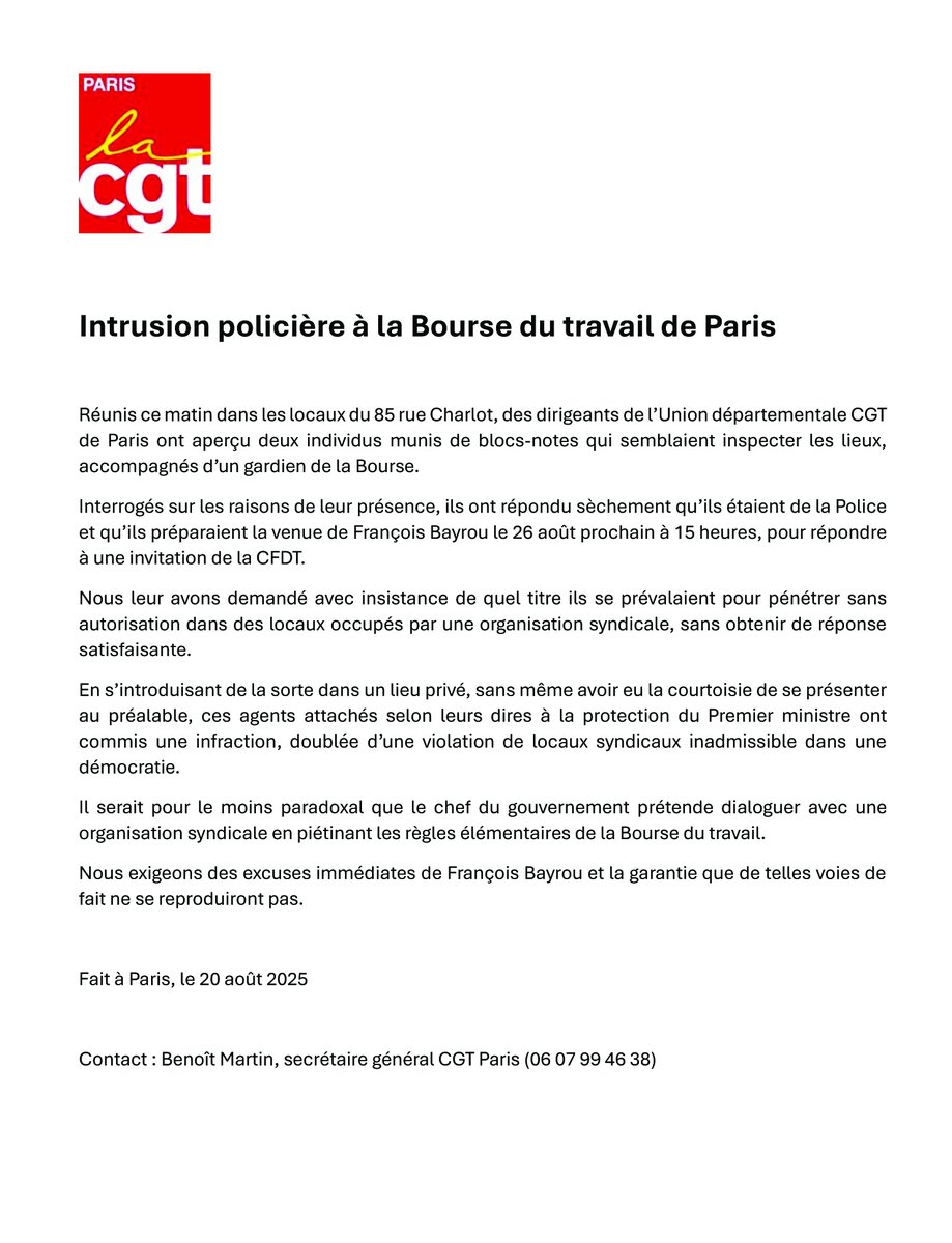 Intrusion policière à la Bourse du travail de Paris
#cgtenlutte #Bayrou #boursedutravail #paris3