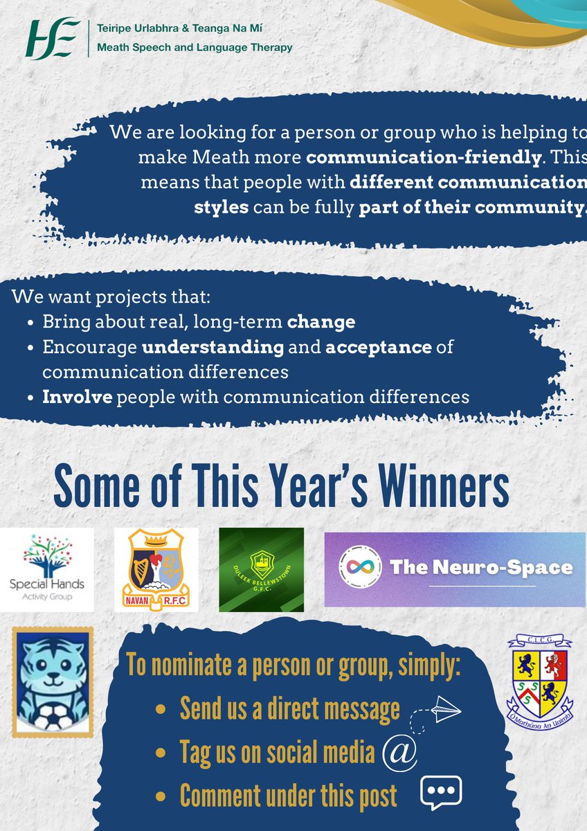 We Want Your Nominations!

To nominate a person or group, simply:
-Send us a direct message
-Tag us on social media
-Comment under this post

#SLT #SLP #Inclusion #Accessibility #Communication #MeathSLT