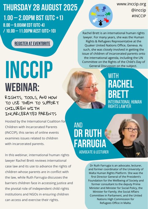 Children of incarcerated parents remain unseen in justice systems. <a href="/Aangan_Trust/">Aangan Trust</a> 
On 28 Aug, <a href="/INCCIP/">inccip</a> brings together two powerful voices:
✨ Rachel Brett – International Human Rights Lawyer
✨ Dr Ruth Farrugia – Advocate &amp; Lecturer
🔗 Register: eventbrite.com.au/e/rights-tools…