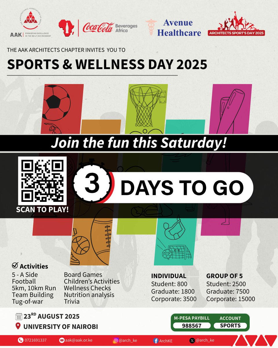 GAME TIME!!! 
Just 3 DAYS TO GO!
Have you registered your team/firm/yourself for the upcoming AAK Sports &amp; Wellness Day? Happening *this Saturday* 23rd August at the University of Nairobi Grounds, this will be a vibrant day of fun and fitness for members and their families!