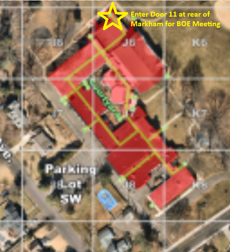 Due to the ongoing construction at Markham, tomorrow night's BOE meeting (8/21) will be held in classroom 304 in the rear of the building. Please use entrance #11 to enter the building.   See the yellow star on the image below. The meeting will begin at 7 PM.