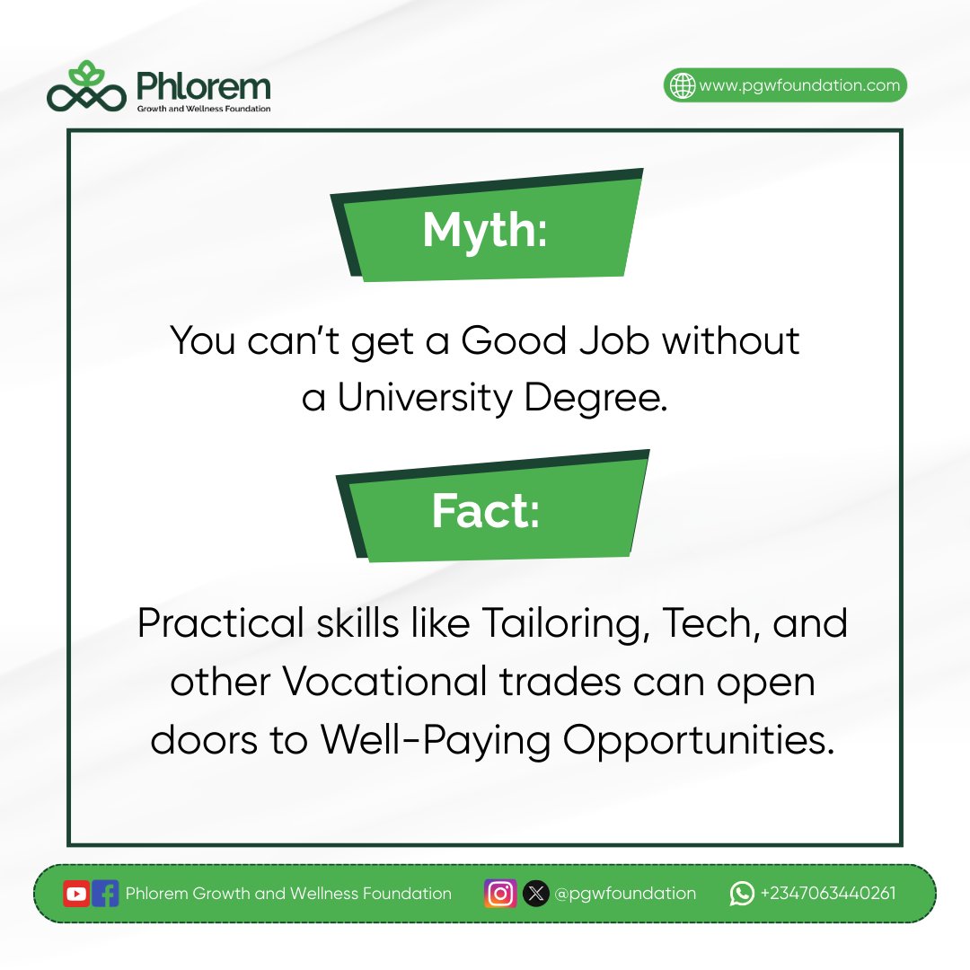 🎓 Myth: You can’t get a good job without a university degree.
💡 Fact: Skills like tailoring, tech &amp; trades can open doors to well-paying opportunities.
#SkillsNotJustDegrees #PGWFoundation