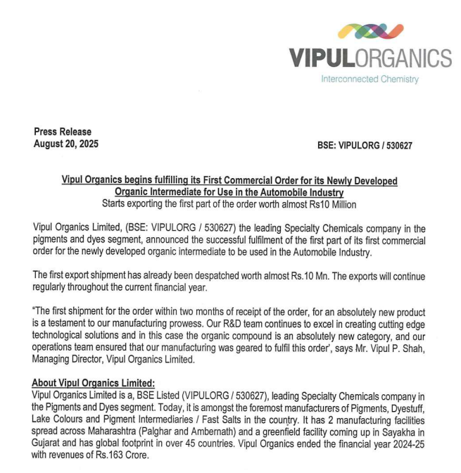 IndianStockEco's tweet image. 🚨Vipul Organics:
👉#VipulOrganics Exported the First Part of the First Commercial Order worth almost Rs. 10 Million for its Newly Developed Organic Intermediate for Use in the #AutomobileIndustry.
#chemicalstocks #neworder #stockstowatch #stocksinfocus #stockmarketsindia #nifty