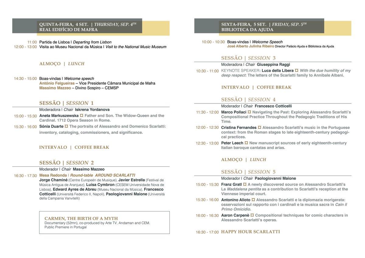 arcontefrisseo's tweet image. Ya publicado el programa del congreso internacional sobre Alessandro y Domenico Scarlatti que se desarrollará entre Mafra y Ajuda del 4 al 7 de septiembre, organizado por un consorcio modélico de instituciones que ha liderado #DivinoSospiro en colaboración con @CemCentre
