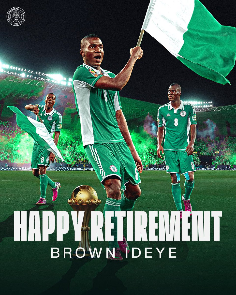 ๐ณ๐ฌ Super Eagles (@ngsupereagles) on Twitter photo ๐ 27 Caps
โฝ๏ธ 6 Goals
๐ 2013 AFCON Champion
Thank you for your service to Nigeria.
Happy retirement, <a href="/brownaideideye/">Brown Aide Ideye (MON)</a> ๐๐ฆ
๐ 27 Caps
โฝ๏ธ 6 Goals
๐ 2013 AFCON Champion
Thank you for your service to Nigeria.
Happy retirement, <a href="/brownaideideye/">Brown Aide Ideye (MON)</a> ๐๐ฆ