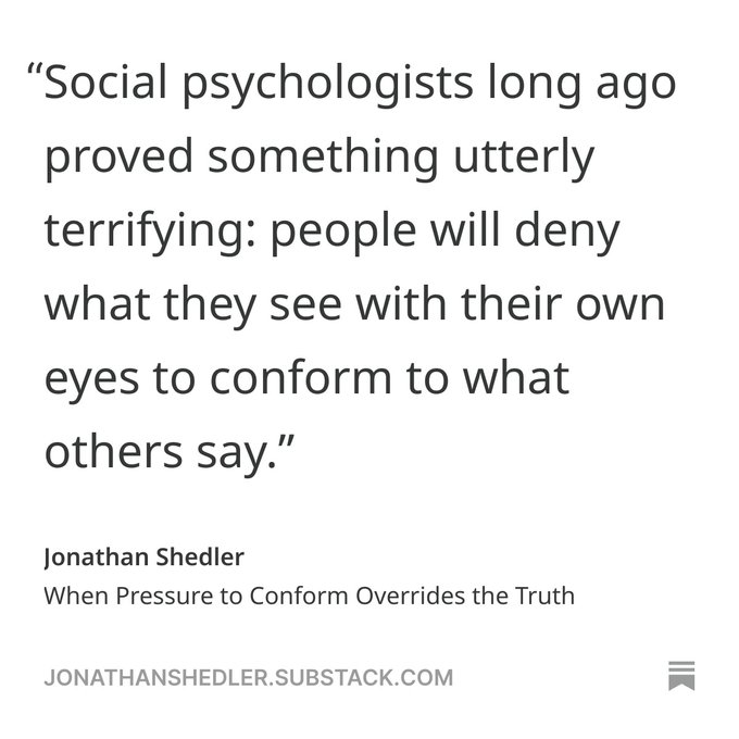 JonathanShedler's tweet image. 🆕New Essay:

“When Pressure to Conform Overrides the Truth” 

read the full piece (see below 👇)