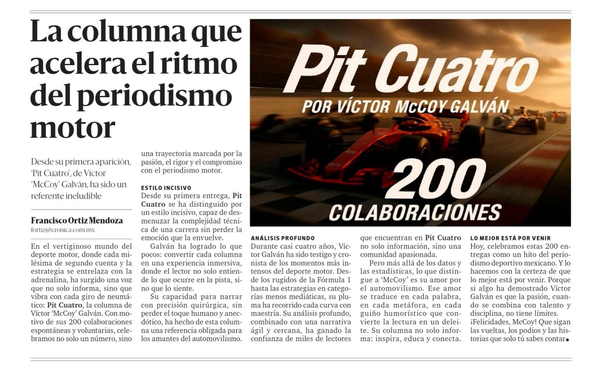 McCoy Galván (@mccoypresenta) on Twitter photo ¡Qué linda la página 29 de <a href="/LaCronicaDeHoy/">La Crónica de Hoy</a>! Cumplí 200 columnas #PitCuatro semanales ininterrumpidas y me dieron esta sorpresa. Gracias a quienes están ahí, prestando sus ojos para que esta columna viva por casi cuatro años. Vamos por otras 200. Así las cosas... Sobre ruedas... ¡Qué linda la página 29 de <a href="/LaCronicaDeHoy/">La Crónica de Hoy</a>! Cumplí 200 columnas #PitCuatro semanales ininterrumpidas y me dieron esta sorpresa. Gracias a quienes están ahí, prestando sus ojos para que esta columna viva por casi cuatro años. Vamos por otras 200. Así las cosas... Sobre ruedas...