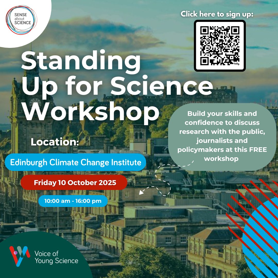 🌟Join us for our next Standing up for Science workshop in Edinburgh at <a href="/EdCentreCC/">ECCI</a> on 10 October 2025! 

🤝Meet other early career researchers &amp; speak with our panel of experts about effectively communicating your research

📌Apply for your free spot: bit.ly/SUfS_Edinb_25