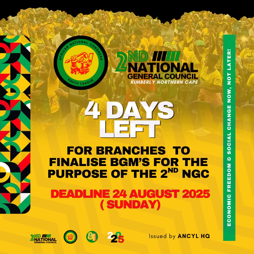 4 Days to go!

Branches have until Sunday, 24 August 2025 to conclude their BGMs ahead of the 2nd NGC.

#ANCYLatWork