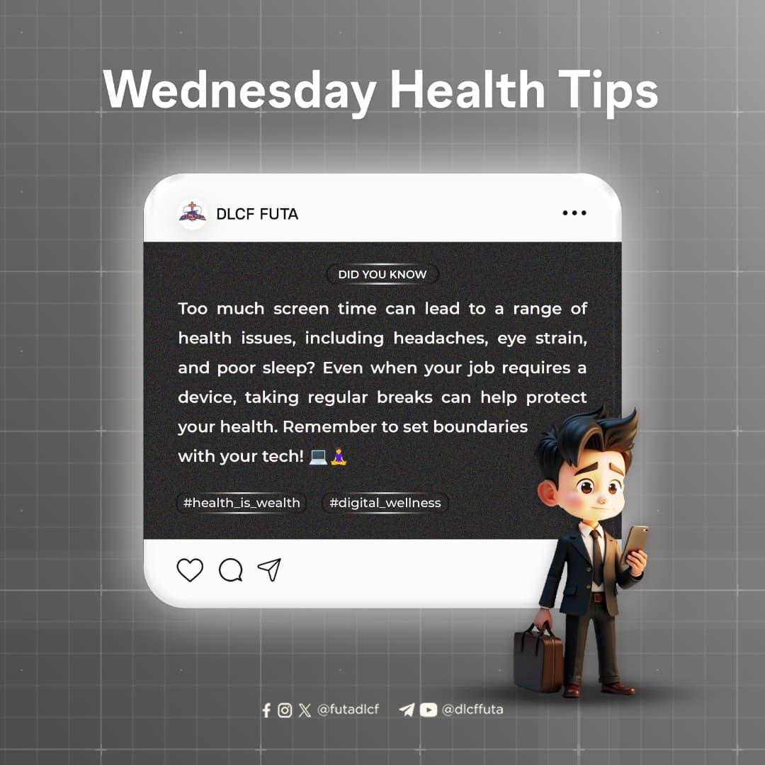 FutaDlcf's tweet photo. Your screen might be glowing, but your health matters more. Don't let too much screen time steal your rest, focus, or well-being. Take breaks, set boundaries, and choose balance. Your body and mind will thank you for this! 💆♂️🧘♀️
#WednesdayHealthTips
#DLCFFUTA
#ScreenTime https://t.co/wXf6HwRFMd