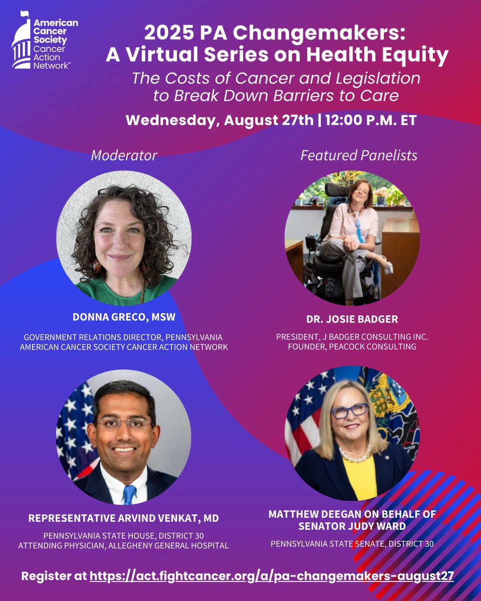 Rep. Arvind Venkat, MD (@repvenkat) on Twitter photo As a physician-legislator, I know that cancer patients often face financial challenges. I look forward to joining <a href="/ACSCAN/">American Cancer Society Cancer Action Network</a> to discuss my legislation to ensure patients know how to access hospital-based financial assistance programs (HB 79).
Register at act.fightcancer.org/a/pa-changemak… As a physician-legislator, I know that cancer patients often face financial challenges. I look forward to joining <a href="/ACSCAN/">American Cancer Society Cancer Action Network</a> to discuss my legislation to ensure patients know how to access hospital-based financial assistance programs (HB 79).
Register at act.fightcancer.org/a/pa-changemak…