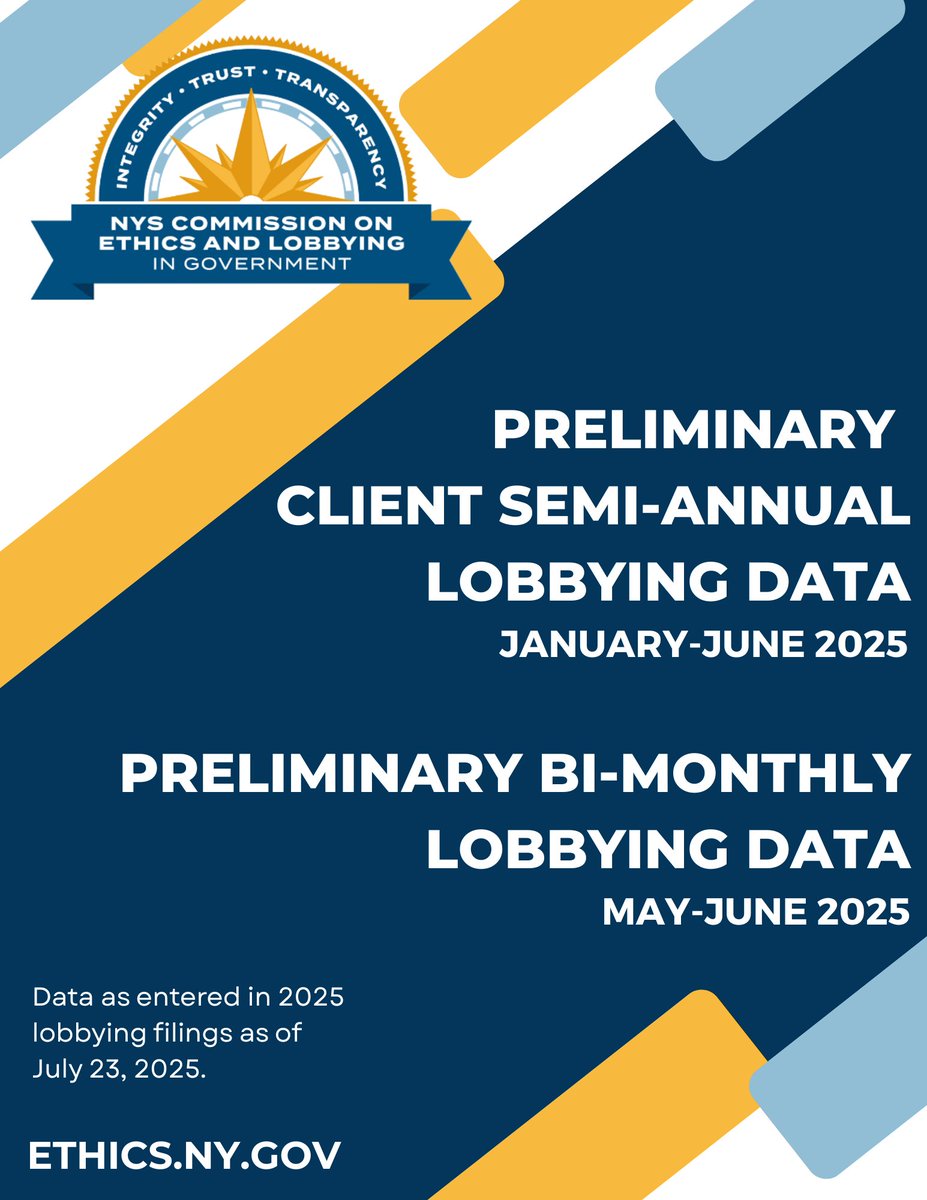 NYSCOELIG's tweet photo. #NYLobbyingNews: The Commission has released preliminary lobbying data from the January-June CSA and May-June Bi-monthly reports! Read the full release and related charts by visiting https://t.co/F6Fr9Mon4F 

“The preliminary January-June CSA data shows that lobbyist compensation and total spending increased year-over-year while expenses declined,” Executive Director Berland said. “At the same time, the preliminary data from May-June 2025 shows a dip in spending when compared with January-February and March-April due to a decrease in expenses. These fluctuations underscore the importance of providing the public timely awareness of lobbying activity and associated spending as efforts to influence state and local decision-making shift throughout the year.”   

“Promoting transparency in lobbying activity and spending is not an option; it is a crucial step in building public trust in state and local government. The public is entitled to know on a timely basis who is being lobbied, who is doing the lobbying, what is being lobbied on, and who is paying for the lobbying,” Chair Seymour W. James, Jr. said. “The continuous publication of up-to-date lobbying data allows the public to gain a clearer picture of lobbying activity in New York State.”