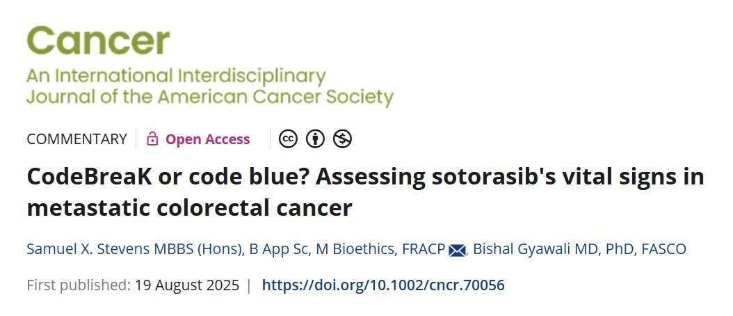 New #OpenAccess commentary by <a href="/SamuelXStevens/">Sam Stevens</a> and <a href="/oncology_bg/">Bishal Gyawali, MD, PhD, FASCO</a> | CodeBreaK or code blue? Assessing sotorasib's vital signs in metastatic colorectal cancer acsjournals.onlinelibrary.wiley.com/doi/10.1002/cn… <a href="/OncoAlert/">OncoAlert</a> #CRCSM